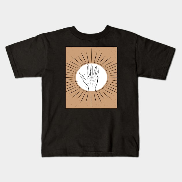 Palmistry concept with eye symbol, sun and moon phases illustration, magical universe art print Kids T-Shirt by Modern Art